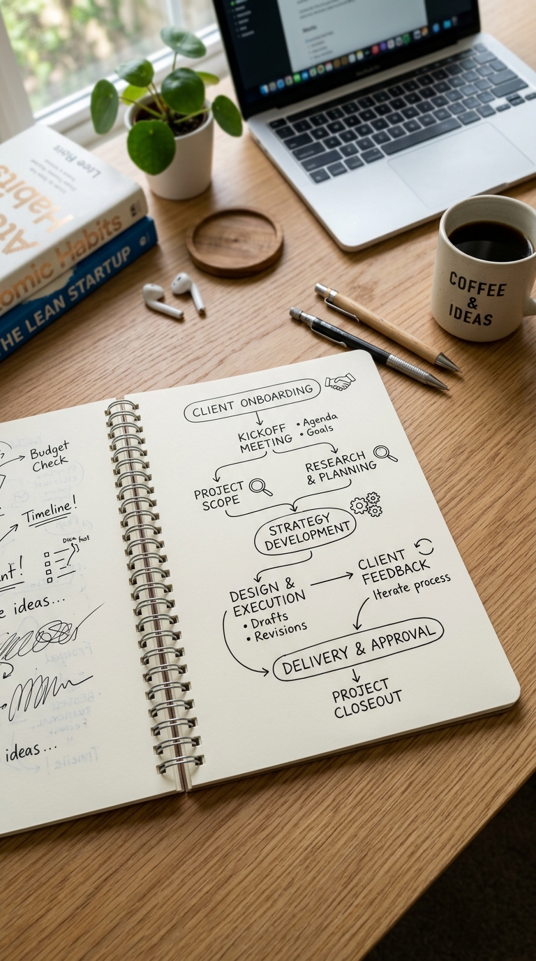 Mapping how the business actually runs — notebook, coffee, marked-up process map