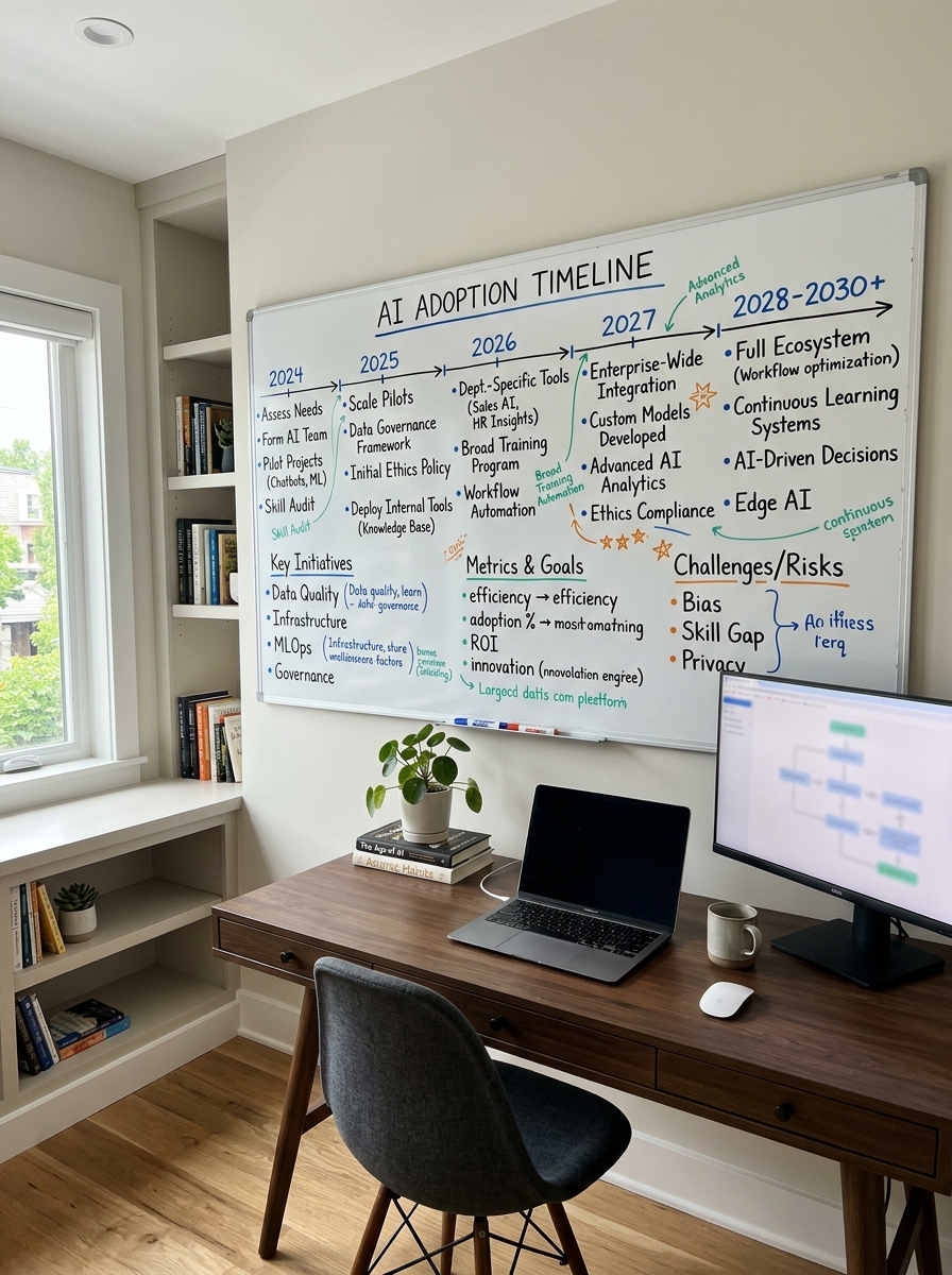 The roadmap in print — first pages on the table, fountain pen, no slideware